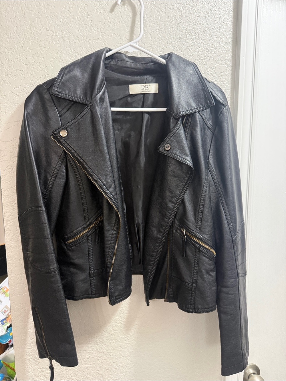 tde. Black Faux Leather Moto Jacket for Women
